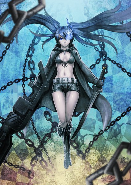 Anime picture 2600x3677 with black rock shooter black rock shooter (character) ko-ran (artist) single tall image looking at viewer highres blue eyes light erotic twintails blue hair full body very long hair floating hair glowing scar glowing eye (eyes) girl weapon sword
