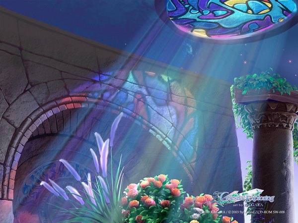 Anime picture 1600x1200 with kagaya light 3d flower (flowers) plant (plants) bouquet pillar column stained glass