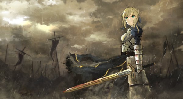 Anime picture 1400x764 with fate (series) fate/stay night fate/zero studio deen type-moon artoria pendragon (all) saber seafh (artist) single fringe blonde hair wide image standing cloud (clouds) aqua eyes wind looking up rain army girl