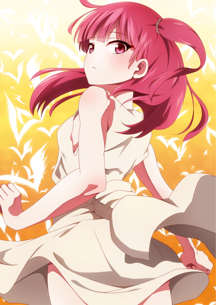Anime picture 759x1071 with magi the labyrinth of magic a-1 pictures morgiana nio-nyan single long hair tall image looking at viewer blush fringe red eyes bare shoulders pink hair red hair pink eyes looking back from behind one side up light yellow background