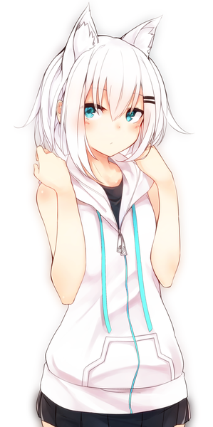 Anime picture 800x1605 with original ringo-chan (otokuyou) otokuyou single tall image blush fringe short hair simple background hair between eyes white background animal ears looking away upper body white hair pleated skirt aqua eyes cat ears cat girl girl