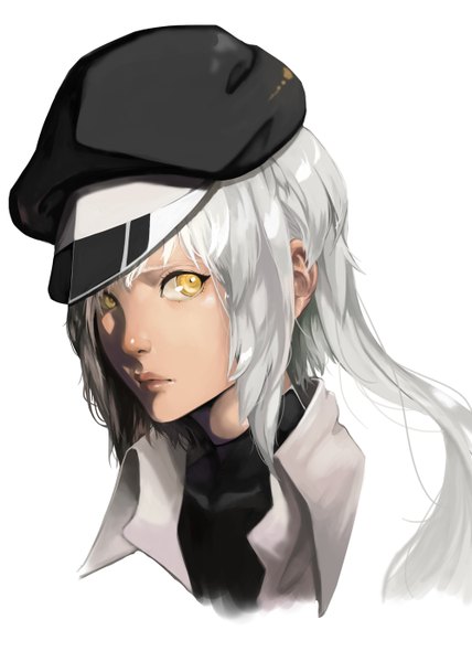 Anime picture 1000x1400 with original soya (torga) single long hair tall image highres simple background white background yellow eyes looking away silver hair lips face open collar girl headdress