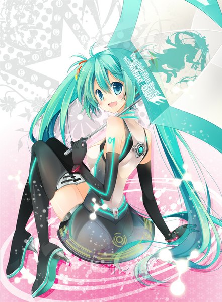 Anime picture 735x1000 with vocaloid hatsune miku mocha (naturefour) single long hair tall image looking at viewer blush open mouth blue eyes sitting twintails aqua hair tattoo high heels zettai ryouiki transparent umbrella girl skirt gloves