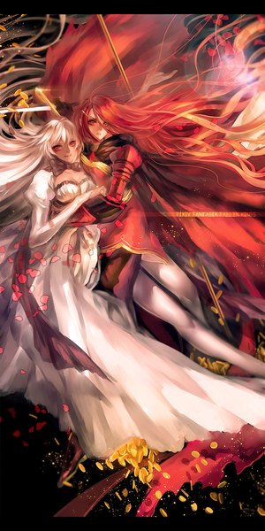 Anime picture 900x1800 with original mypower_53mnds long hair tall image smile multiple girls white hair red hair long sleeves puffy sleeves hug letterboxed girl dress hair ornament bow weapon 2 girls petals sword
