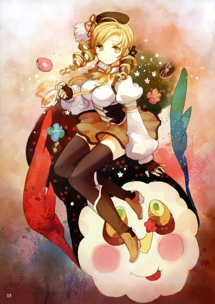 Anime picture 2132x3013 with mahou shoujo madoka magica shaft (studio) tomoe mami h2so4 single long hair tall image looking at viewer highres blonde hair sitting yellow eyes light smile drill hair curly hair girl thighhighs skirt gloves hair ornament