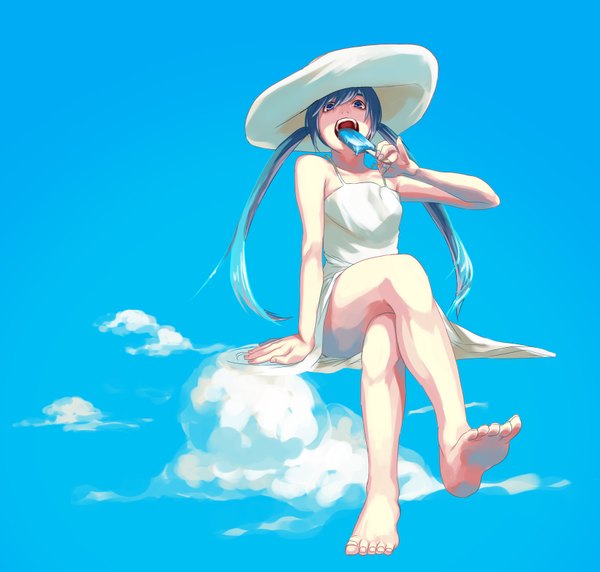 Anime picture 1694x1617 with vocaloid hatsune miku kyo 8sun single long hair looking at viewer blush blue eyes simple background sitting twintails bare shoulders blue hair cloud (clouds) barefoot teeth bare legs crossed legs blue background eating