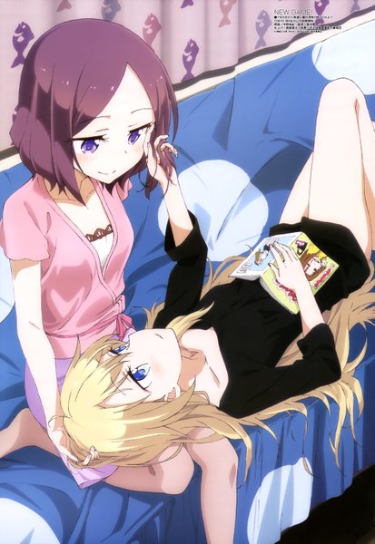 Anime picture 4089x5939 with new game! megami magazine doga kobo yagami kou tooyama rin nakano yuuki long hair tall image highres short hair blue eyes blonde hair smile purple eyes multiple girls absurdres purple hair lying official art animal print