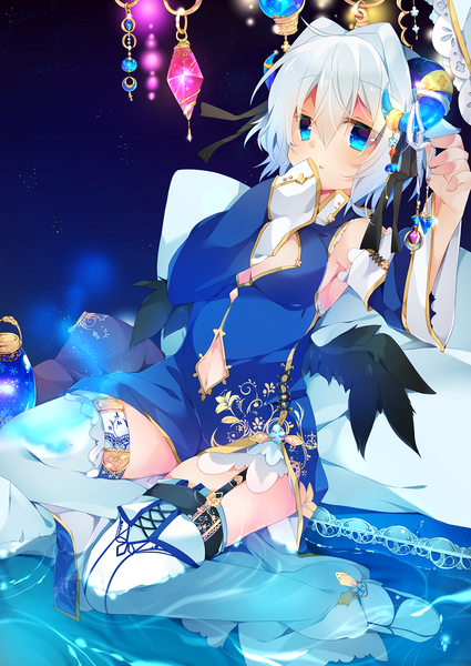 Anime picture 800x1129 with original kazeshiro kazeto single tall image looking at viewer blush fringe short hair breasts blue eyes large breasts holding ahoge bent knee (knees) white hair long sleeves parted lips horn (horns) wide sleeves floral print