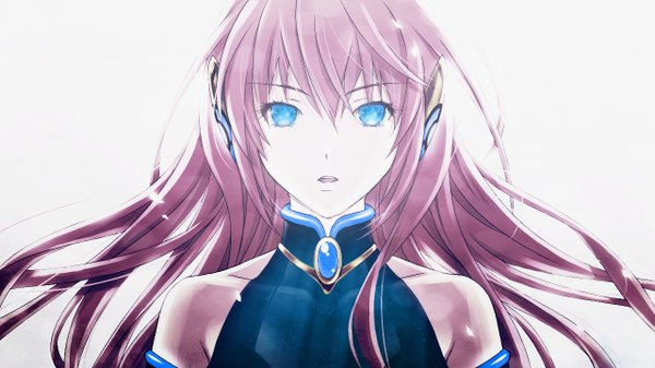 Anime picture 1280x720 with vocaloid megurine luka konamixx (artist) single long hair looking at viewer open mouth blue eyes simple background wide image white background bare shoulders pink hair girl headphones