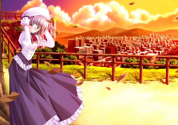 Anime picture 2500x1765 with sayorana etranger kusunose anzu carnelian amane sou single looking at viewer blush highres short hair red eyes sky purple hair cloud (clouds) wind city cityscape girl glasses headdress leaf (leaves)