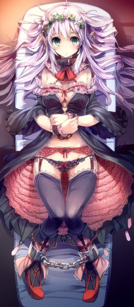 Anime picture 800x1833 with original ukyo rst single tall image looking at viewer blush breasts light erotic green eyes cleavage lying hair flower from above pointy ears on back elf restrained girl thighhighs dress
