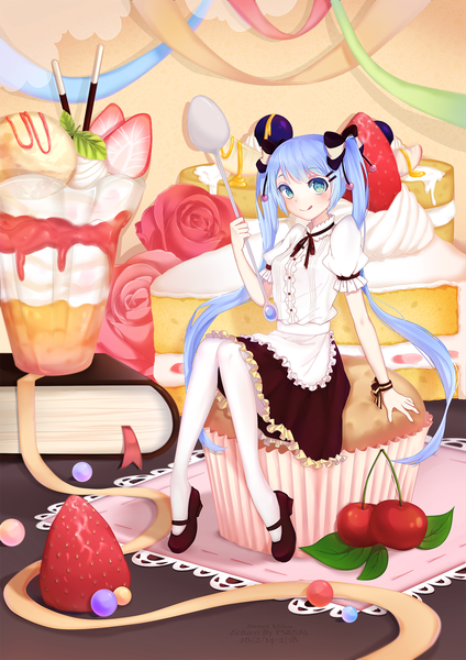 Anime picture 1900x2687 with vocaloid hatsune miku single tall image looking at viewer blush highres blue eyes smile twintails blue hair very long hair girl dress bow hair bow food sweets fruit berry (berries)