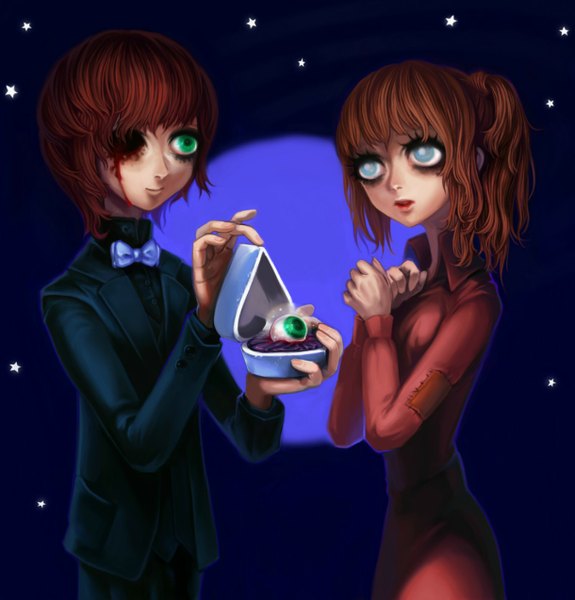 Anime picture 1220x1274 with yukaman tall image short hair blue eyes brown hair green eyes couple girl boy bowtie star (symbol) blood suit gift