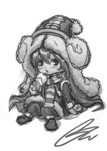 Anime picture 2480x3508 with league of legends lulu (league of legends) single long hair tall image looking at viewer blush highres open mouth sitting animal ears monochrome winter girl scarf fur cap mittens
