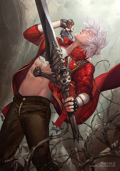 Anime picture 633x900 with devil may cry dante (devil may cry) virus-ac74 single tall image short hair blue eyes holding signed white hair parted lips lips inscription open clothes open jacket floating hair groin looking up eyebrows muscle