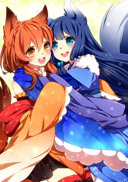 Anime picture 650x922 with original inma r. long hair tall image blush open mouth smile multiple girls animal ears yellow eyes blue hair tail traditional clothes animal tail aqua eyes orange hair hug girl thighhighs hair ornament