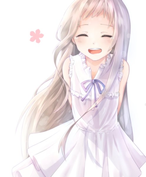 Anime picture 2480x3000 with ano hi mita hana no namae wo bokutachi wa mada shiranai a-1 pictures honma meiko tagme (artist) single long hair tall image blush highres open mouth simple background white background silver hair eyes closed hands behind back girl dress bow sundress flower (symbol)