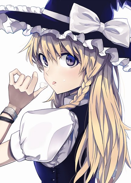 Anime picture 720x1000 with touhou kirisame marisa dekappara futoriusu single long hair tall image looking at viewer simple background blonde hair white background purple eyes braid (braids) puffy sleeves single braid finger to mouth girl hat tongue witch hat cream