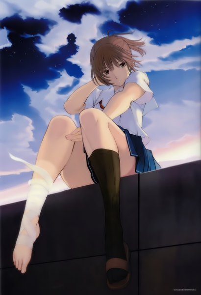 Anime picture 2100x3070 with kimi kiss sakino asuka tall image highres short hair brown hair sitting brown eyes sky cloud (clouds) barefoot girl skirt uniform school uniform miniskirt shirt socks black socks bandage (bandages)