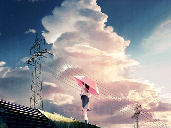Anime picture 818x613 with original sonna watashi single long hair black hair sky cloud (clouds) from behind shadow hand on hip girl skirt uniform plant (plants) serafuku umbrella grass stairs wire (wires) power lines