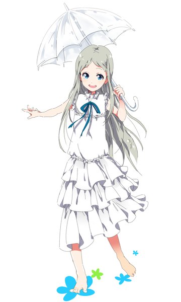 Anime picture 900x1500 with ano hi mita hana no namae wo bokutachi wa mada shiranai a-1 pictures honma meiko rakeng single long hair tall image open mouth blue eyes simple background white background full body grey hair transparent umbrella girl dress flower (flowers) bow white dress umbrella