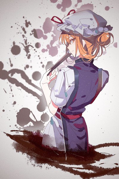 Anime picture 750x1124 with touhou yakumo yukari aibivy single long hair tall image looking at viewer smile profile orange hair hair bun (hair buns) orange eyes alternate hairstyle girl hat bonnet fan closed fan tabard