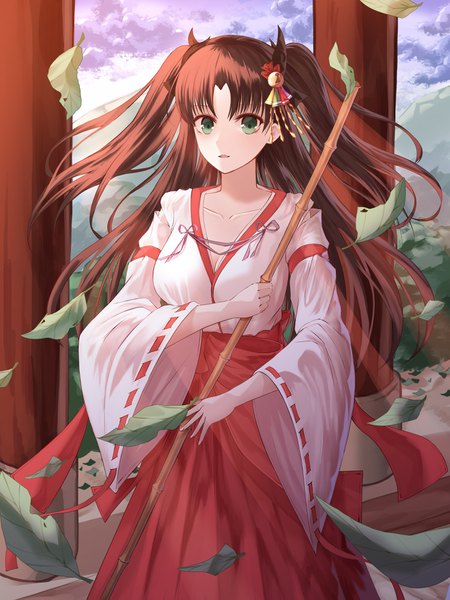 Anime picture 3000x4000 with fate (series) fate/stay night toosaka rin yagyun single long hair tall image looking at viewer fringe highres breasts smile brown hair large breasts standing holding green eyes sky cloud (clouds) outdoors