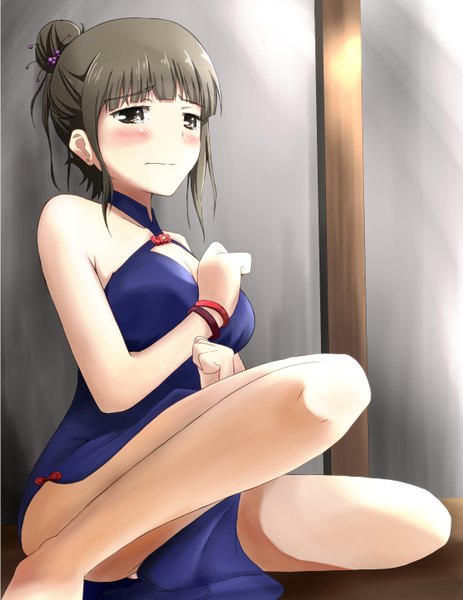 Anime picture 1121x1450 with hanasaku iroha p.a. works oshimizu nako pman (kazumi) single tall image blush short hair light erotic black hair black eyes tears chinese clothes girl bracelet chinese dress