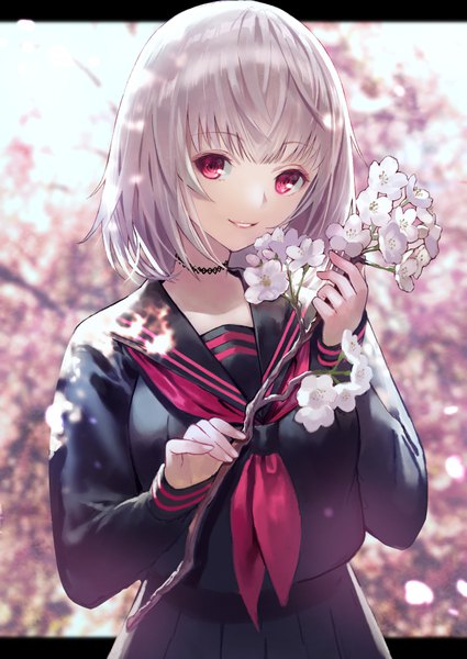 Anime picture 752x1062 with original terai (teraimorimori) single tall image looking at viewer fringe short hair breasts smile red eyes holding silver hair upper body outdoors blunt bangs long sleeves parted lips pleated skirt lips blurry