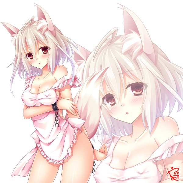 Anime picture 1200x1200 with original yanase aki blush short hair breasts light erotic red eyes animal ears white hair animal tail zoom layer naked apron girl chain