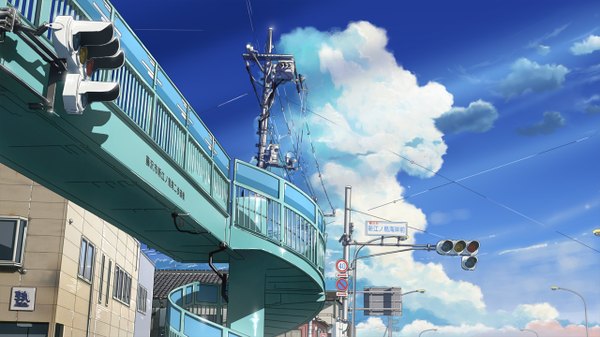 Anime picture 1280x720 with original isai shizuka wide image sky cloud (clouds) wire (wires) house traffic sign traffic lights