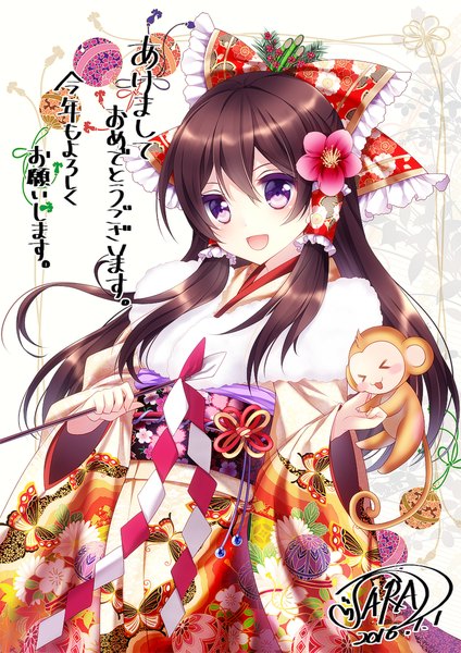 Anime picture 848x1200 with touhou hakurei reimu mikazuki sara single long hair tall image looking at viewer open mouth brown hair purple eyes traditional clothes japanese clothes hair flower inscription hieroglyph new year happy new year nengajou akeome girl