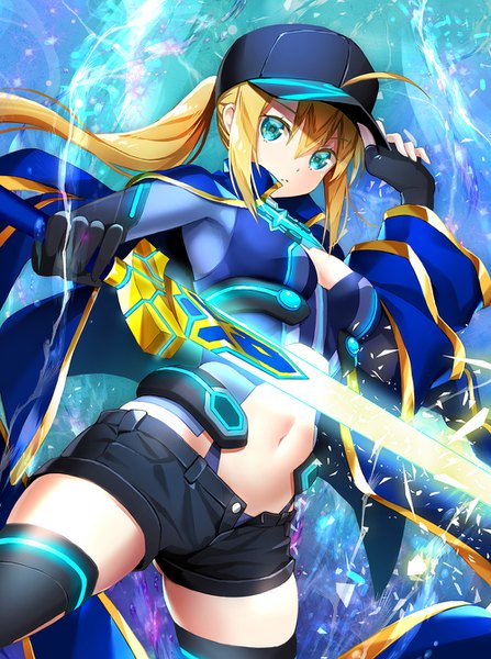 Anime picture 1000x1342 with fate (series) fate/grand order fate/stay night artoria pendragon (all) saber mysterious heroine x (fate) suishougensou single long hair tall image fringe light erotic blonde hair hair between eyes payot cleavage ahoge ponytail aqua eyes bare belly