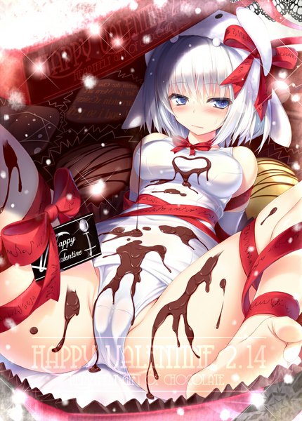Anime picture 717x1000 with original migumigu single tall image looking at viewer blush short hair blue eyes light erotic bare shoulders animal ears white hair barefoot on back spread legs cameltoe hands behind back valentine girl gloves