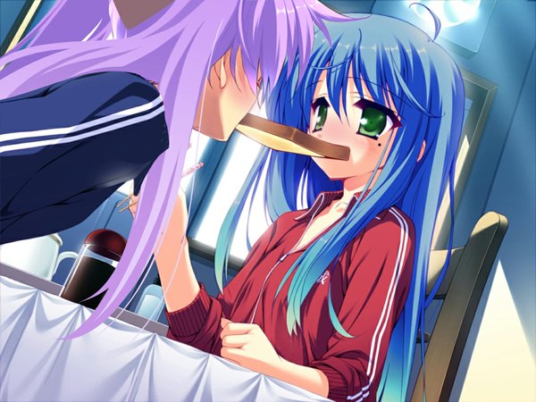 Anime picture 1024x768 with lucky star kyoto animation izumi konata hiiragi kagami munyuu long hair blush multiple girls holding blue hair mole mole under eye mouth hold eating third-party edit yuri food in mouth sleeves pushed up toast in mouth headshop