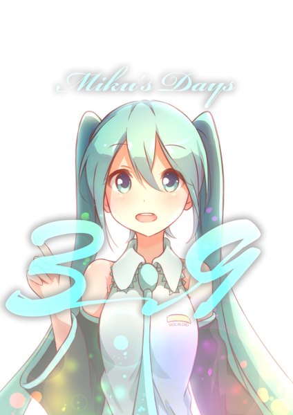 Anime picture 1000x1414 with vocaloid hatsune miku pachi (sugiyama0306) single long hair tall image blush open mouth simple background white background twintails bare shoulders aqua eyes aqua hair looking up 39 girl detached sleeves