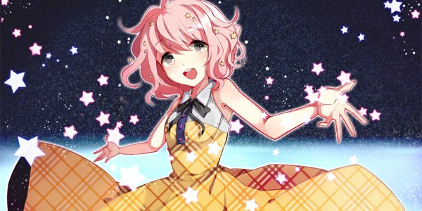 Anime picture 1000x500 with original dasulchan single looking at viewer short hair open mouth blue eyes wide image pink hair girl dress star (symbol)