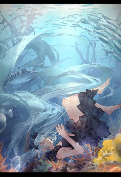 Anime picture 1814x2656 with vocaloid shinkai shoujo (vocaloid) hatsune miku momozi (mkingnight) single long hair tall image blush highres open mouth twintails bare shoulders barefoot aqua eyes sunlight aqua hair underwater girl dress bow
