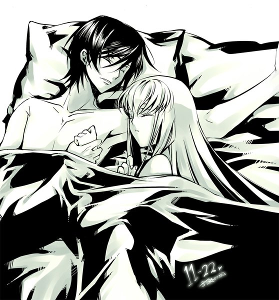 Anime picture 1000x1076 with code geass sunrise (studio) c.c. lelouch lamperouge creayus long hair tall image fringe short hair black hair simple background white background lying eyes closed couple holding hands monochrome sleeping girl boy