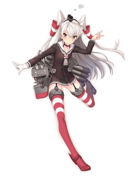 Anime picture 1000x1414 with kantai collection amatsukaze destroyer yilan single long hair tall image looking at viewer blush white background brown eyes white hair two side up girl thighhighs gloves weapon hat hair tubes sailor suit mini hat