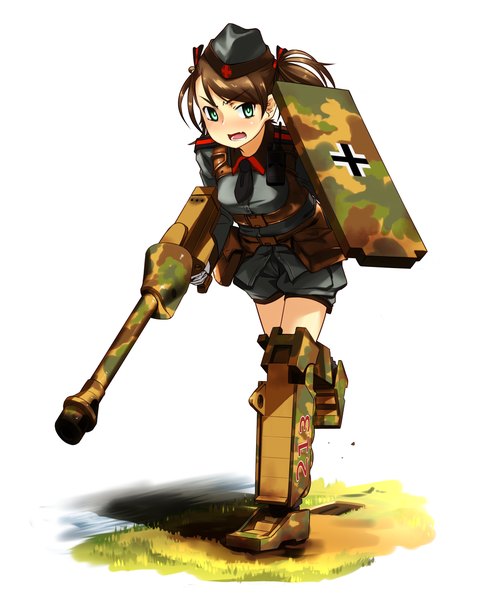 Anime picture 1200x1440 with original kongo b single tall image short hair brown hair twintails green eyes running camouflage girl uniform ribbon (ribbons) weapon hair ribbon hat necktie armor military uniform ground vehicle