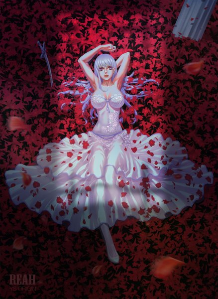 Anime picture 1900x2600 with original ecilayag single long hair tall image fringe highres breasts large breasts purple eyes purple hair lying armpit (armpits) drill hair arms behind head leg lift (legs lift) girl dress flower (flowers) petals