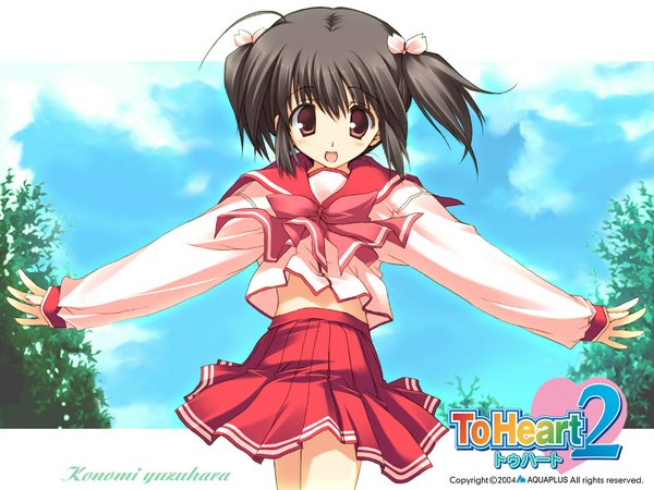 Anime picture 1024x768 with to heart 2 leaf (studio) yuzuhara konomi single looking at viewer fringe short hair open mouth black hair standing twintails brown eyes payot sky ahoge outdoors long sleeves girl uniform hair ornament