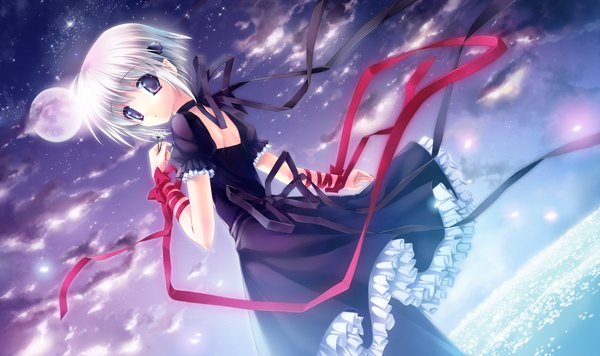 Anime picture 2364x1404 with rewrite kagari (rewrite) kimishima ao single highres short hair wide image cloud (clouds) white hair looking back black eyes night night sky girl dress bow ribbon (ribbons) moon star (stars)