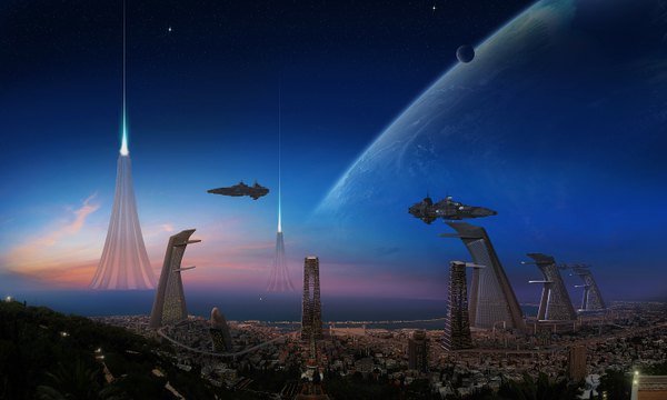 Anime picture 1400x840 with original edlo (artist) wide image sky cloud (clouds) cityscape science fiction plant (plants) tree (trees) water building (buildings) star (stars) palm tree planet aircraft spacecraft airship