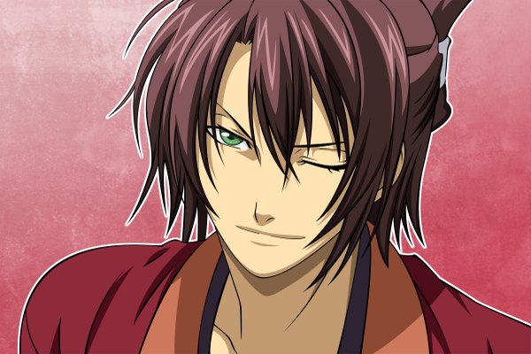 Anime picture 2400x1603 with hakuouki shinsengumi kitan studio deen okita souji (hakuouki) morrow single highres short hair simple background brown hair green eyes traditional clothes japanese clothes one eye closed light smile wink pink background face vector outline boy