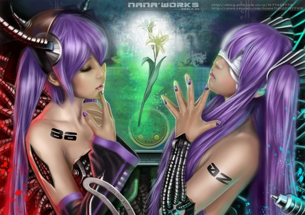 Anime picture 3508x2480 with vocaloid nana hang long hair highres multiple girls absurdres purple hair eyes closed nail polish lips realistic eyeshadow weightlessness blindfold 3d girl flower (flowers) 2 girls detached sleeves wire (wires)