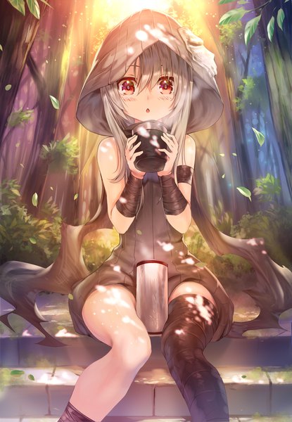 Anime picture 554x800 with fate (series) fate/zero fate/kaleid liner prisma illya illyasviel von einzbern prisma illya teddy (khanshin) single tall image looking at viewer blush fringe hair between eyes red eyes sitting bare shoulders holding silver hair white hair sunlight :o