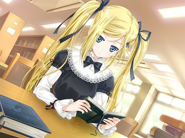 Anime picture 1024x768 with kanojo x kanojo x kanojo orifushi mafuyu blonde hair twintails game cg indoors aqua eyes loli ribbon (ribbons) hair ribbon book (books) shelf bookshelf library