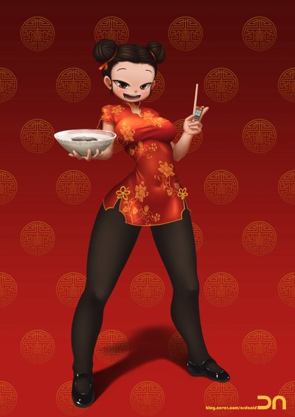 Anime picture 900x1273 with pucca (cartoon) pucca nestkeeper single tall image looking at viewer blush short hair breasts open mouth black hair smile brown eyes chinese clothes girl pantyhose shoes chinese dress